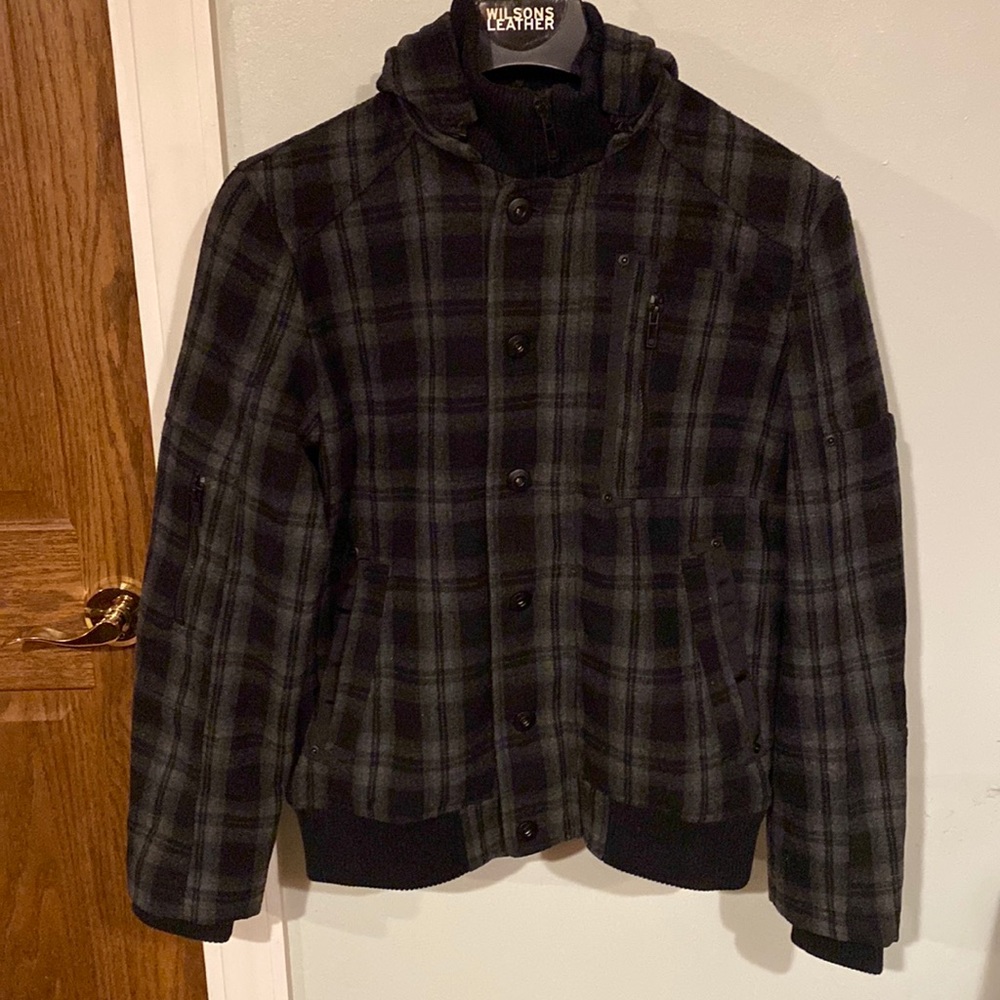 Jack & Jones Denim Gray/Black Plaid Hooded Marlow Wool Jacket Sz Medium